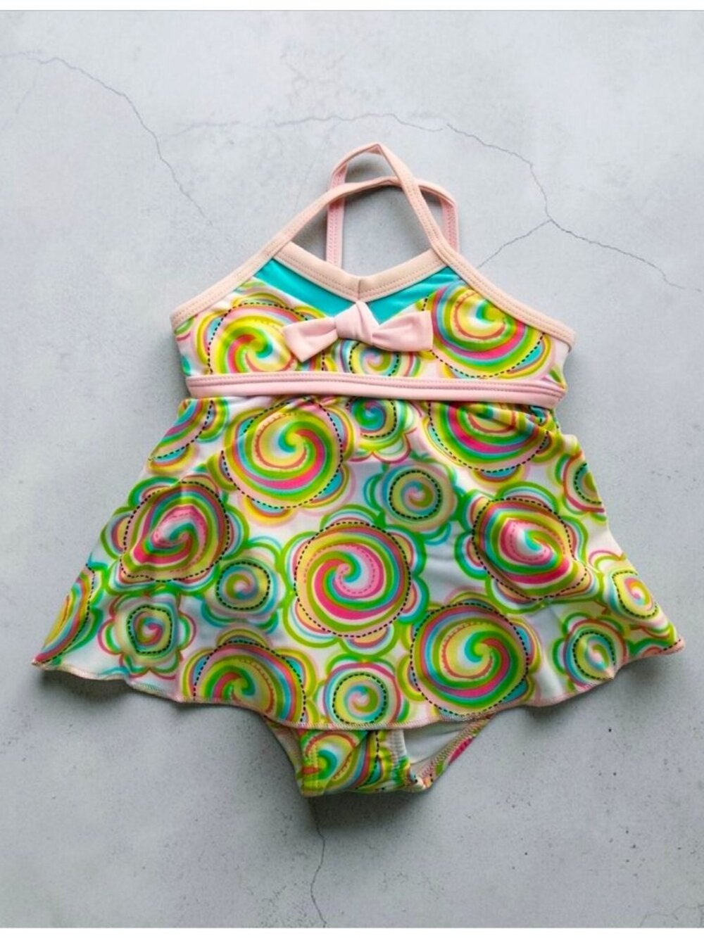 Baby Girls Swirl Patterned One-Piece Swimsuit With Bow Accent & Skirt Overlay